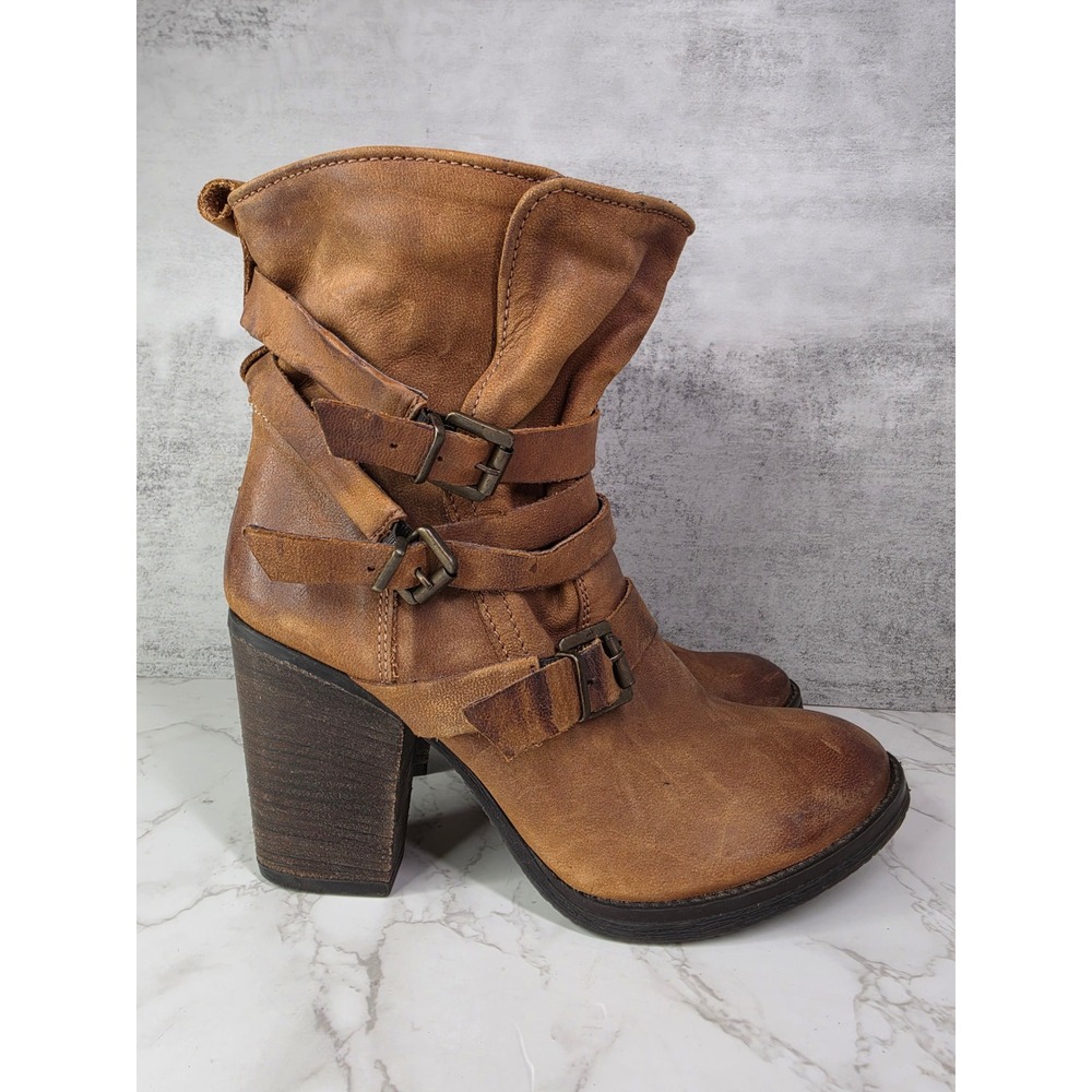 Steve Madden Yale Boots‎ Tan Leather Multi Buckle Strap Block Heel Boho 11M